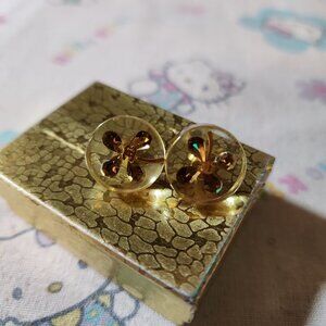 Authentic Vintage Chanel Resin Earrings CC Logo Four Leaf Clover Crystals Studs